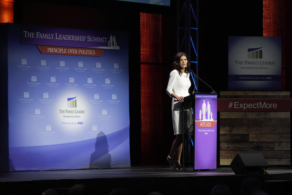 South Dakota Gov. Kristi Noem speaks during the Family Leadership Summit, Friday, July 16, 2021, in Des Moines, Iowa. (AP Photo/Charlie Neibergall)