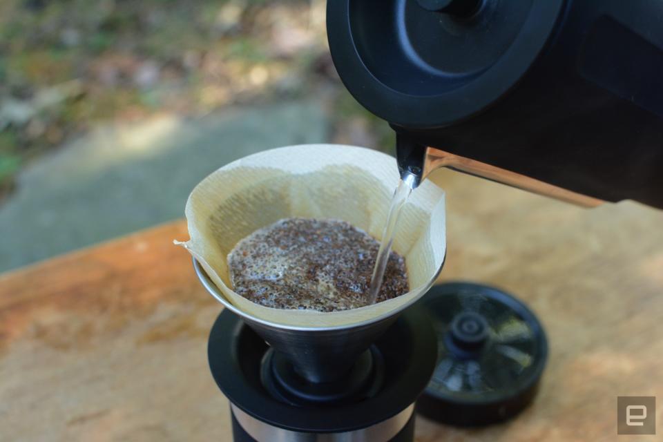 A nearly all-in-one travel kit for pour-over coffee.