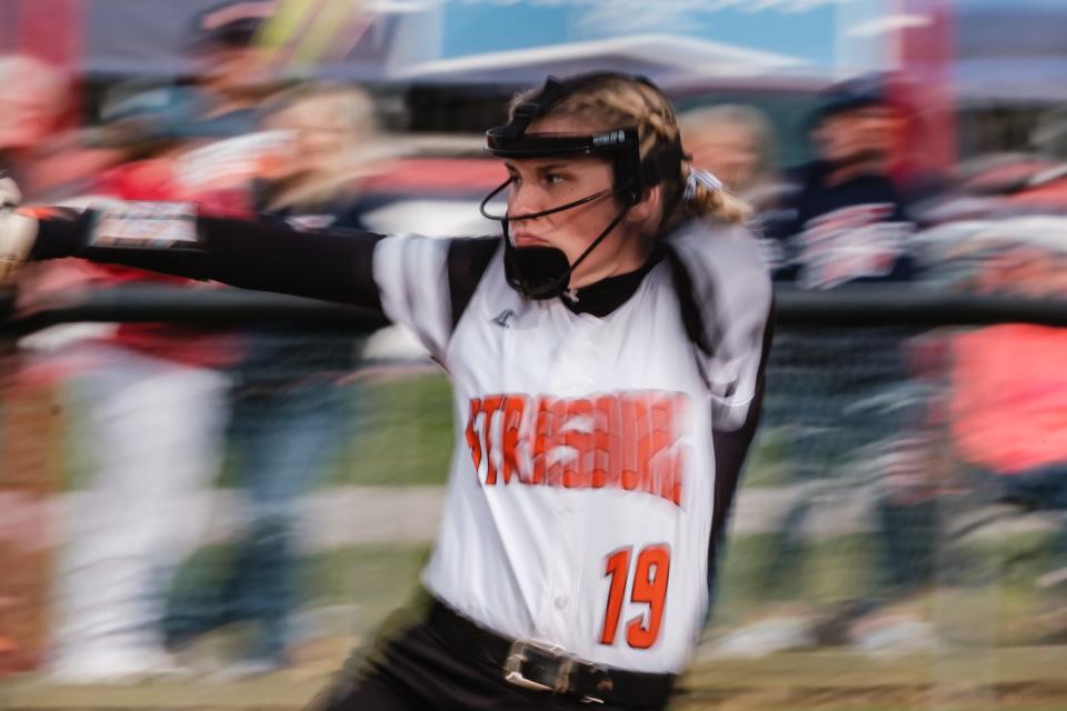 Strasburg starting pitcher Amelia Spidell makes a delivery in this slow-speed photograph, during the game against Indian Valley, Thursday, Apr. 28