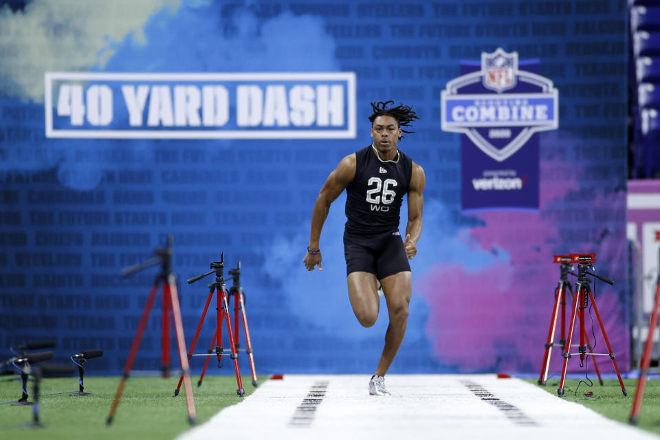 Justin Jefferson, who would be the first-round pick of the Vikings, runs the 40-yard dash during the NFL scouting combine. (Photo by Joe Robbins/Getty Images)