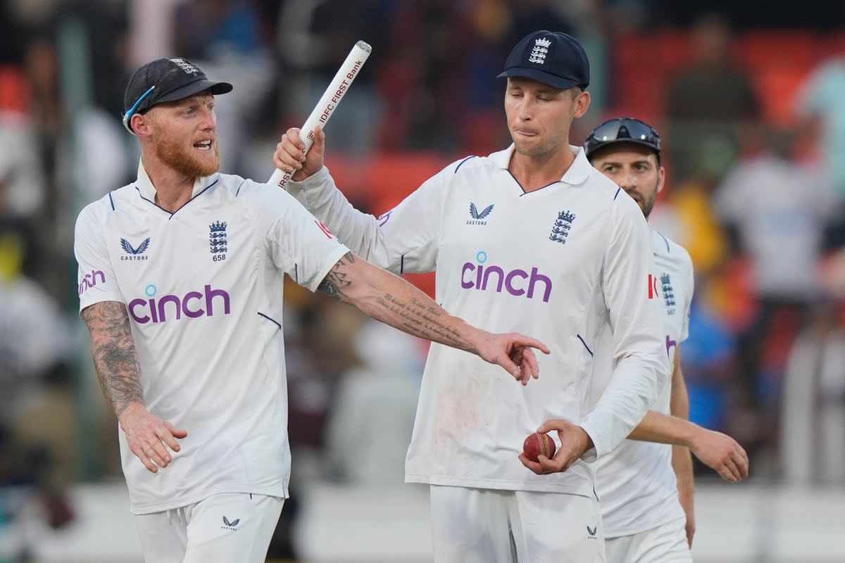 Tom Hartley, right, starred as Ben Stokes’ England produced a remarkable victory in Hyderabad (Mahesh Kumar A/AP) (AP)