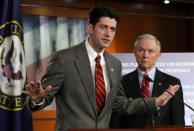 Senate Budget Committee Ranking member Jeff Sessions (R) and House Budget Committee Chairman Paul Ryan speak to the press in response to President Barack Obama's Fiscal Year 2010 budget, on Capitol Hill in Washington, February 14, 2011.