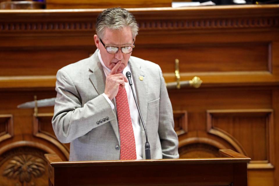 South Carolina state Sen. Greg Hembree, R-Little River, talks about a bill that would allow medical marijuana to be sold in the state, Thursday, Feb. 8, 2024, in Columbia, S.C. (AP Photo/Jeffrey Collins)