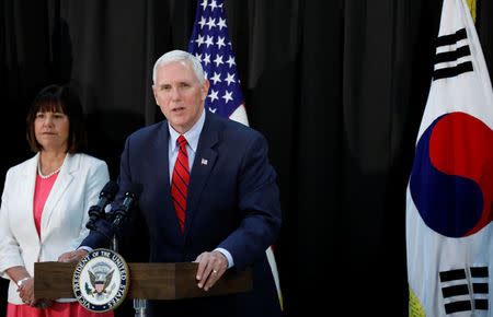 U.S. Vice President Mike Pence speaks during an Easter fellowship dinner at a military base in Seoul, South Korea, April 16, 2017. REUTERS/Kim Hong-Ji