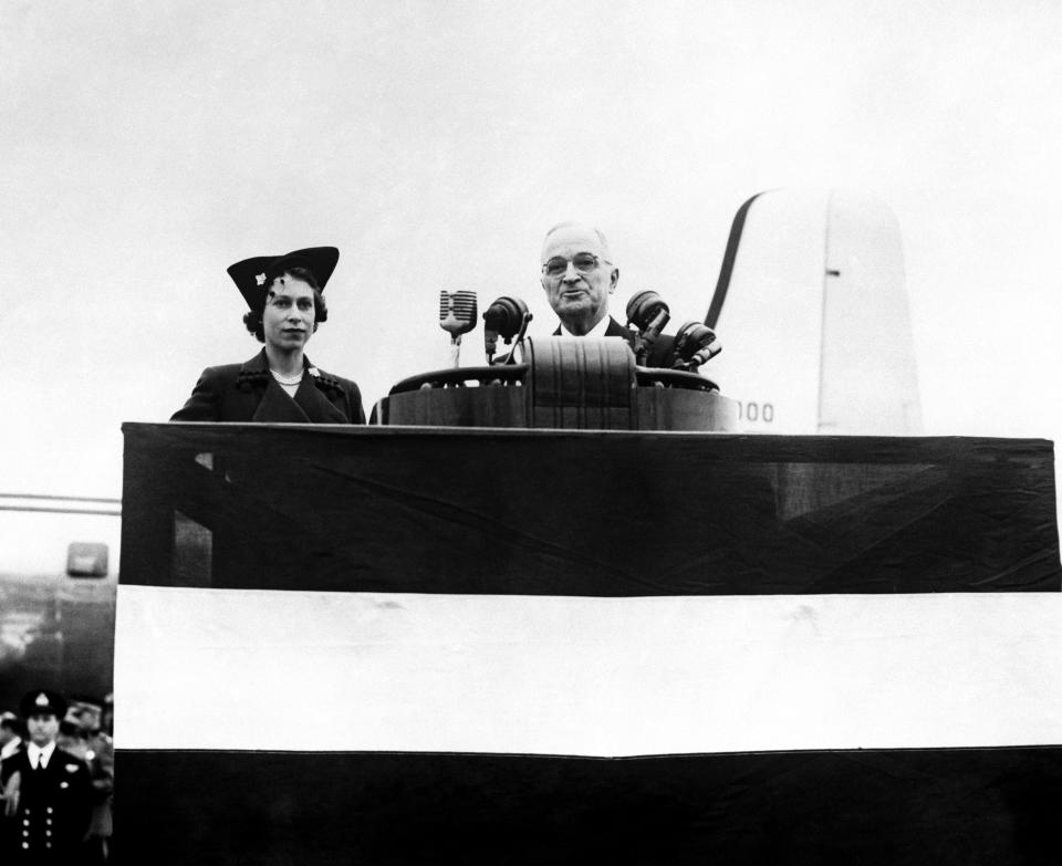 President Harry Truman welcoming his guest Princess Elizabeth to Washington D.C, on her arrival.
