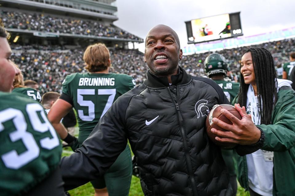 In this file photo, Michigan State athletics director Alan Haller celebrates after beating Michigan on Oct. 30, 2021, at Spartan Stadium in East Lansing. Since becoming AD, Haller has placed an emphasis on the mental health and wellness of student-athletes.