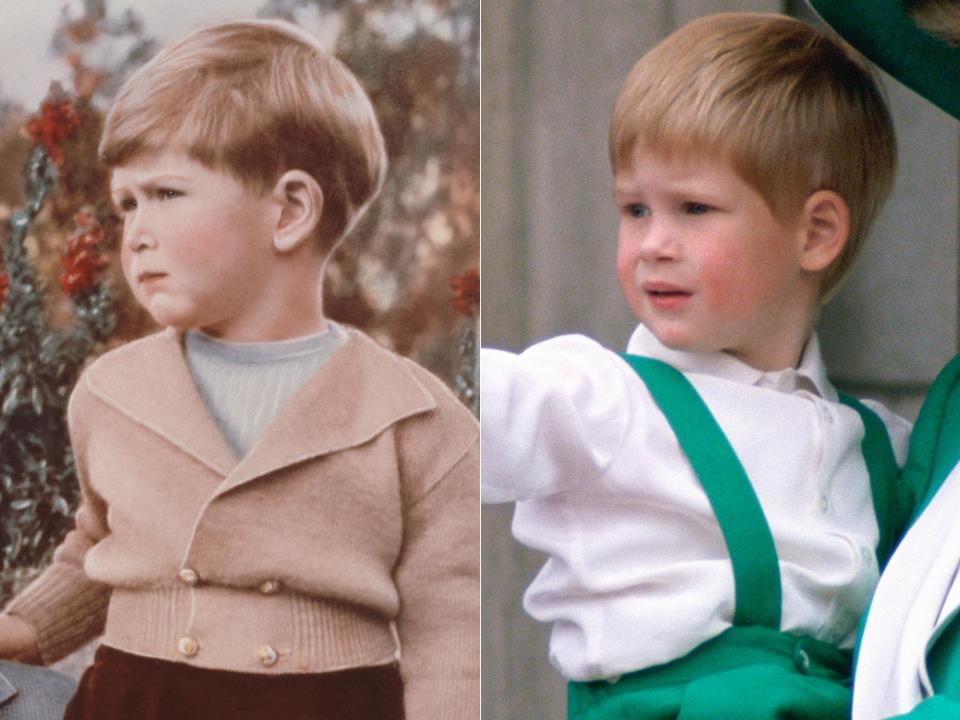 On the left, a young Charles in 1952; his son Harry in a 1988 photo on the right.