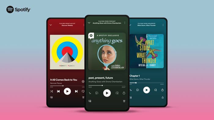 Three smartphones displaying Spotify app with podcast covers: "Remote Places," "Anything Goes with Emma Chamberlain," "What Bothered Thunder."