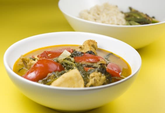 Curried Chicken in Coconut Milk with Tomatoes, Mixed Greens and Bell Peppers