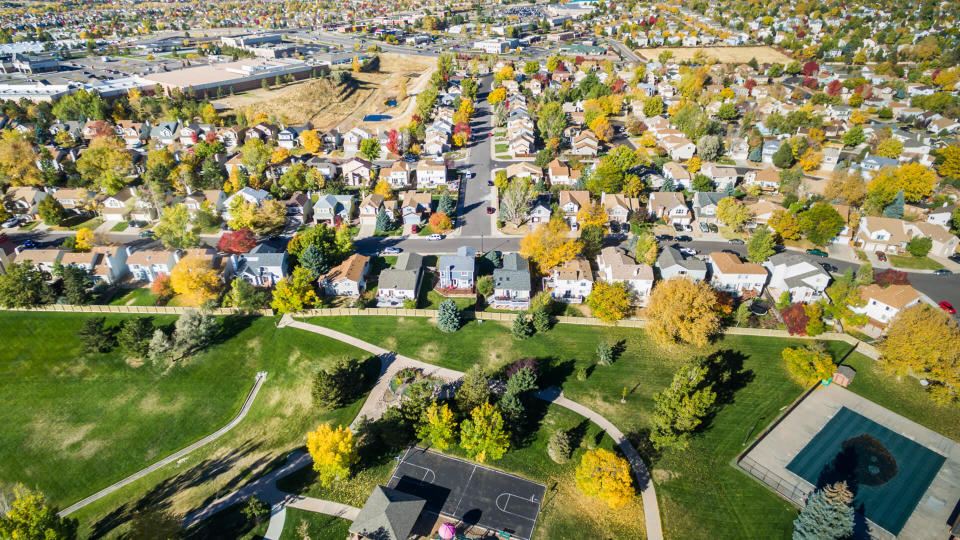 Aerial view of residential neighborhood in the Autumn.