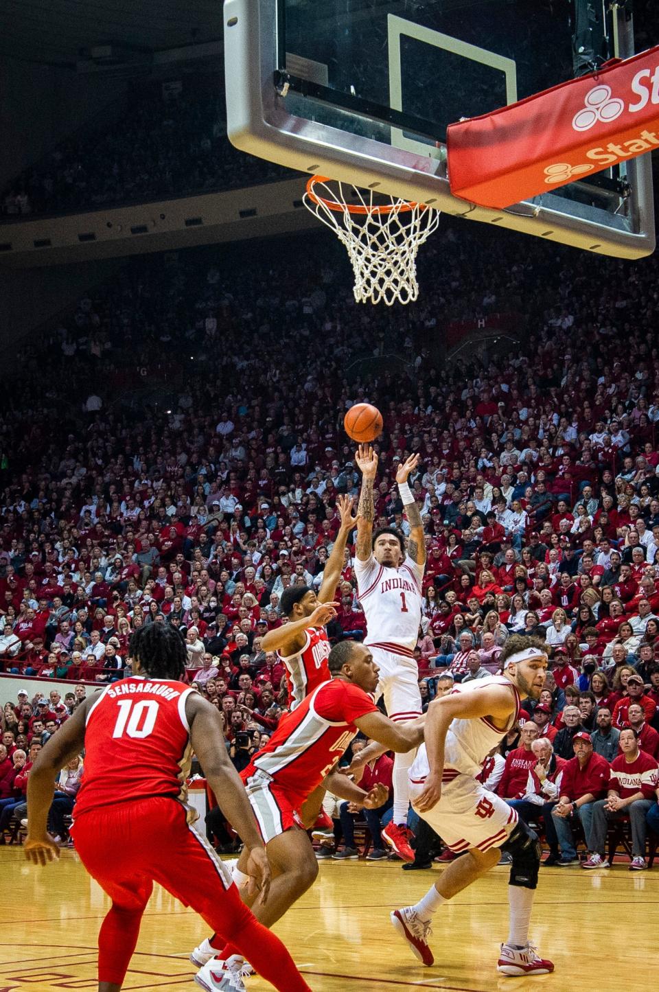 Indiana's Jalen Hood-Schifino (1) shoots during the first half of the Indiana versus Ohio State men's basketball game at Simon Skjodt Assembly Hall on Saturday, Jan. 28, 2023.