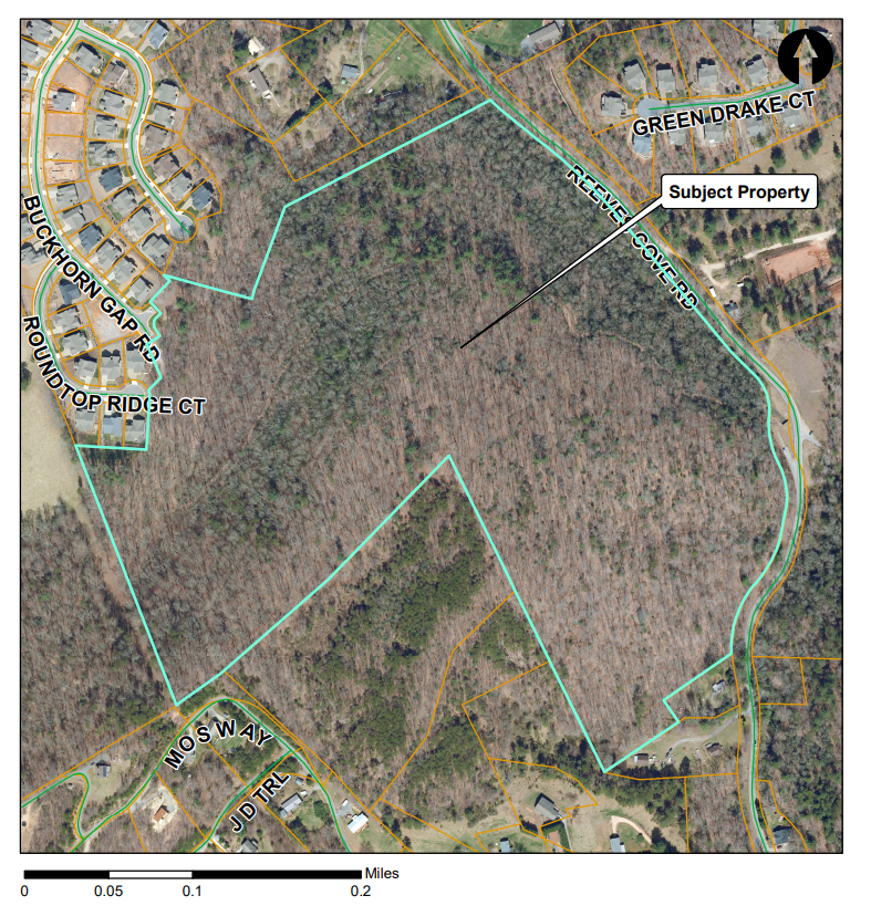 The 58.6-acre site on Reeves Cove Road in Candler where 74 residential condo units are proposed.