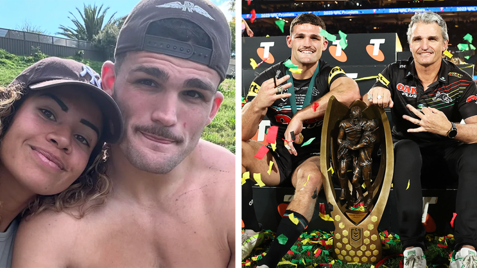 Nathan Cleary (pictured left) confirmed Matildas star Mary Fowler (pictured far left) won't be attending the NRL grand final. (Images: Instagram/Getty Images)