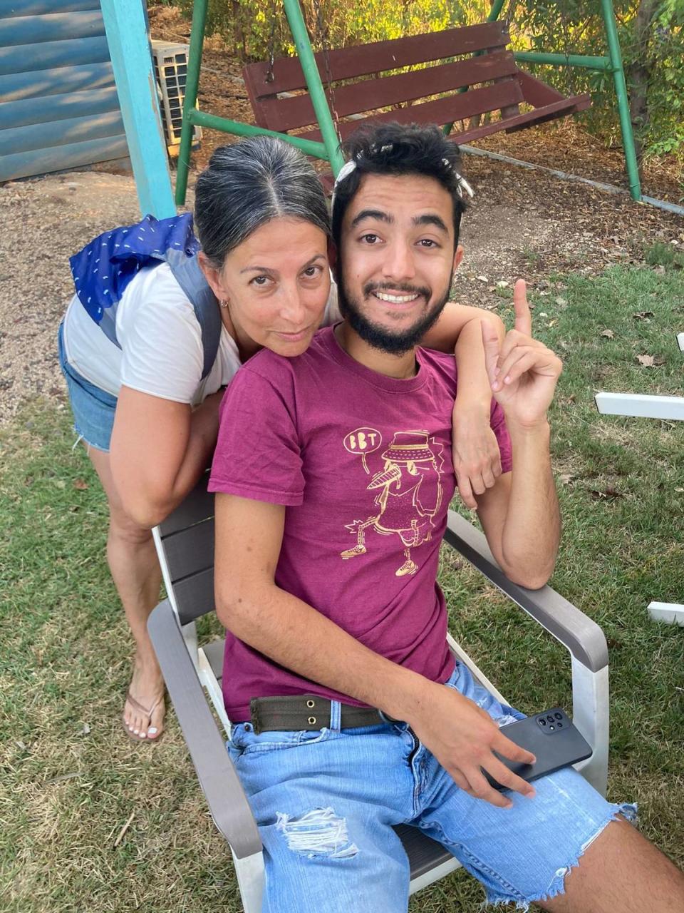 Rachel Goldberg hugs her eldest son, Hersh Goldberg-Polin, before he was abducted by Hamas militants on Oct. 7, 2023. He has been held hostage by Hamas militants in Gaza since then.