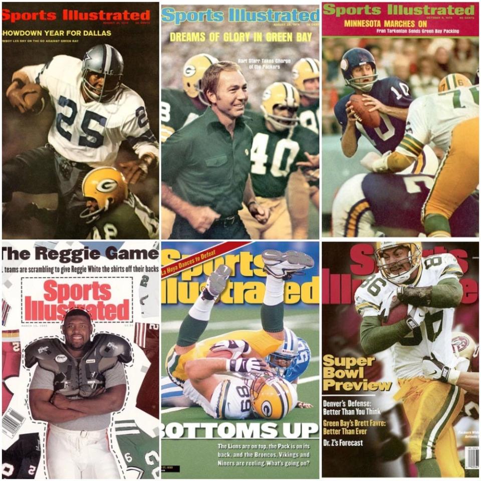 Packers on recent Sports Illustrated covers have included (clockwise from upper left), Ken Ellis, Bart Starr as a coach, Mike McCoy, Reggie White, Mark Chmura and Antonio Freeman.