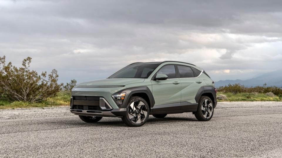 2024 hyundai kona in light green with white interior trim