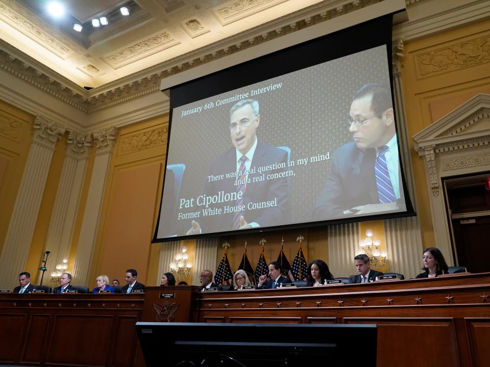 A video of former White House counsel Pat Cipollone is shown as the House select committee investigating the Jan. 6 attack on the U.S. Capitol holds a hearing at the Capitol in Washington, Tuesday, July 12, 2022.