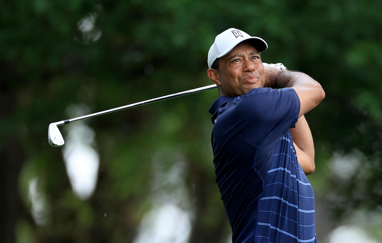 AUGUSTA, GEORGIA - APRIL 07: Tiger Woods of The United States plays his tee shot on the fourth hole during the second round of the 2023 Masters Tournament at Augusta National Golf Club on April 07, 2023 in Augusta, Georgia. (Photo by David Cannon/Getty Images)