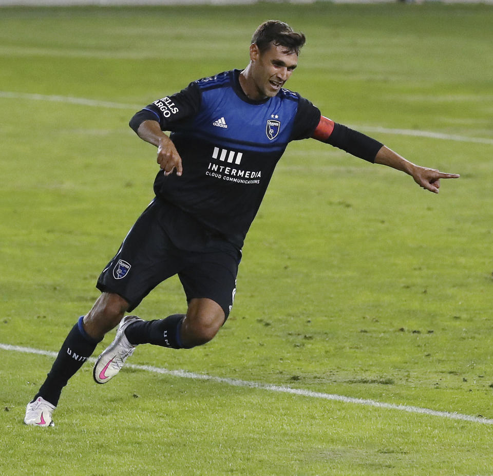 San Jose Earthquakes forward Chris Wondolowski celebrates after scoring goal against Real Salt Lake during the second half of an MLS soccer match Wednesday, Oct. 28, 2020, in San Jose, Calif. (AP Photo/Josie Lepe)