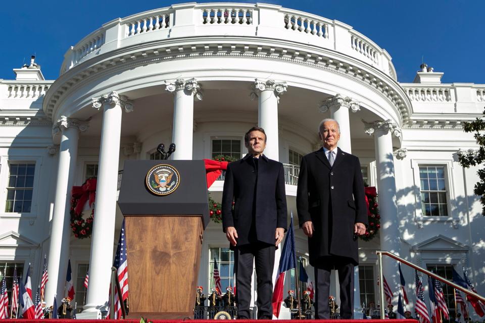 President Joe Biden (R) welcomes French President Emmanuel Macron to the White House for an official state visit on December 01, 2022 in Washington, DC. President Biden is hosting Macron for the first official state visit of the Biden administration.