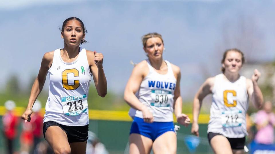 Capital’s Christine Huckins won four events at the 5A state track meet Saturday at Mountain View High. She set overall meet records in the 100, 200, 4x100 and 4x200.