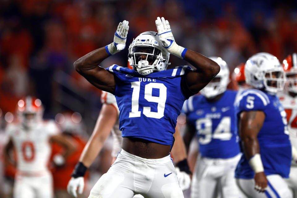 DURHAM, NORTH CAROLINA - SEPTEMBER 04: Vincent Anthony Jr. #19 of the Duke Blue Devils reacts following a defensive stop against the Clemson Tigers at Wallace Wade Stadium on September 4, 2023 in Durham, North Carolina. Duke won 28-7. (Photo by Lance King/Getty Images)