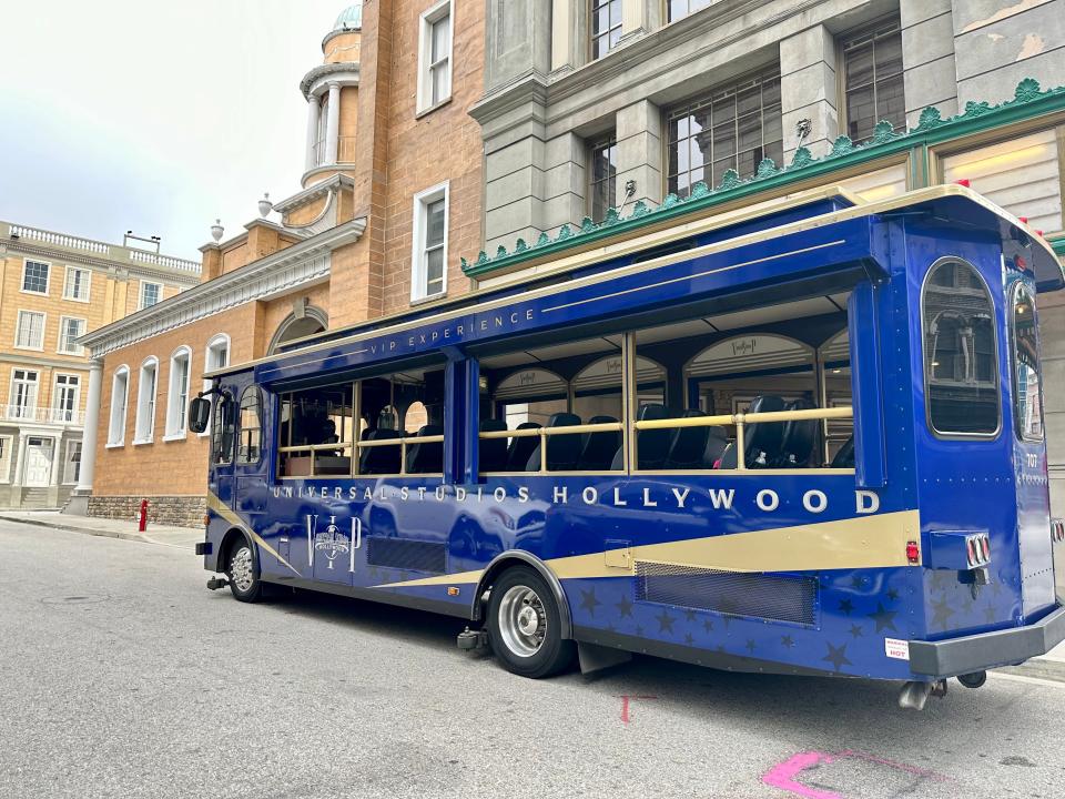 double-decker blue bus on universal studios lot