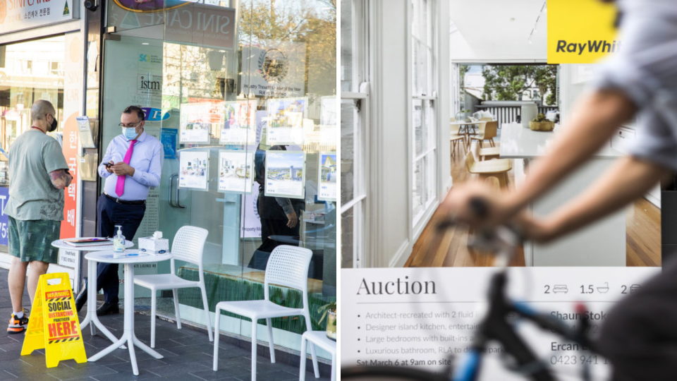 Image of man standing outside real estate agency; image of auction sign