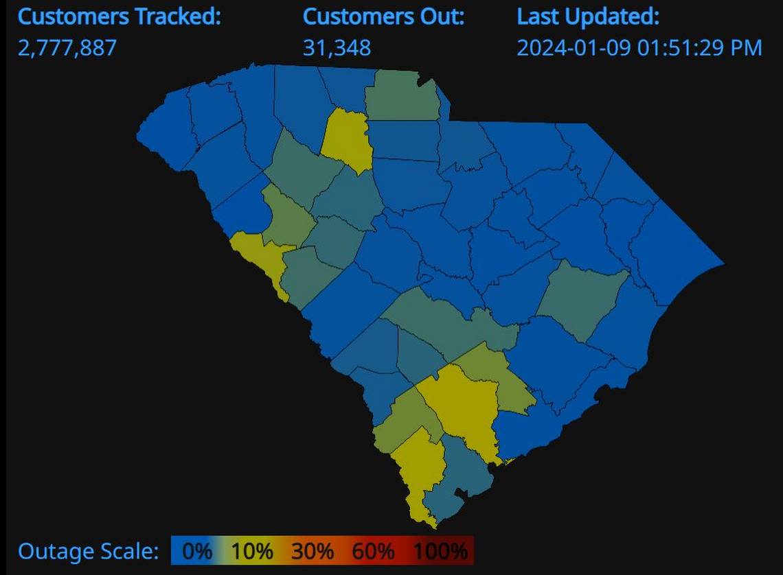 Power outages in South Carolina at 2 p.m. Tuesday, Jan. 9, 2024, according to PowerOutage.us
