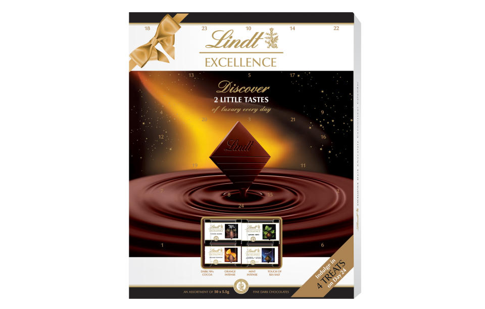 <p>New for Christmas 2017, Lindt’s Excellence calendar is for any dark chocolate fans out there. Enjoy plain, orange, mint and sea salt chocolates. The best part? You get two every single day.<br><a rel="nofollow noopener" href="http://www.lindt.co.uk/" target="_blank" data-ylk="slk:Lindt, £12;elm:context_link;itc:0;sec:content-canvas" class="link "><i>Lindt, £12</i></a> </p>