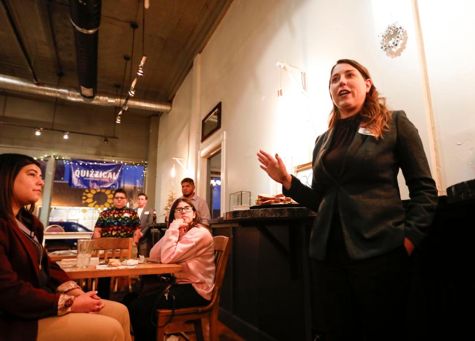 Missouri gubernatorial candidate Crystal Quade speaks at a fundraising event at Q Enoteca after she secured an endorsement from state LGBTQ+ advocacy group PROMO PAC on Thursday, Feb. 1, 2024.