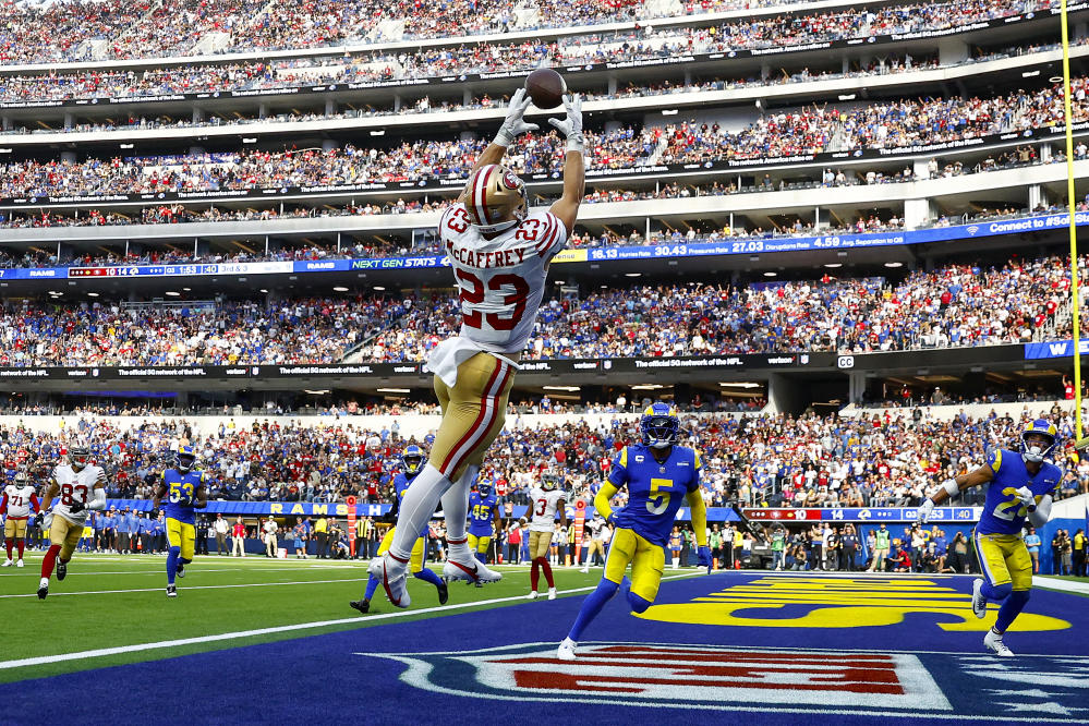 Los Angeles Rams running back Ronnie Rivers (30) runs the ball against the  San Francisco 49ers in an NFL football game, Sunday, Oct. 30, 2022, in  Inglewood, Calif. The 49ers won 31-14. (