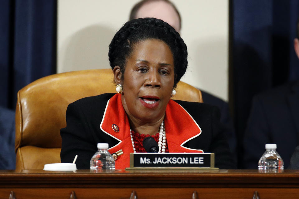 FILE - Rep. Shelia Jackson Lee, D-Texas, votes to approve the second article of impeachment against President Donald Trump during a House Judiciary Committee meeting, Friday, Dec. 13, 2019, on Capitol Hill in Washington. Houston’s next mayor will be tackling many challenges that are similar to ones faced by other large U.S. cities: crime, crumbling infrastructure, budget shortfalls and a lack of affordable housing. Early voting for the Nov. 7 mayoral election starts Monday, Oct. 23, 2023 (AP Photo/Patrick Semansky, Pool, File)