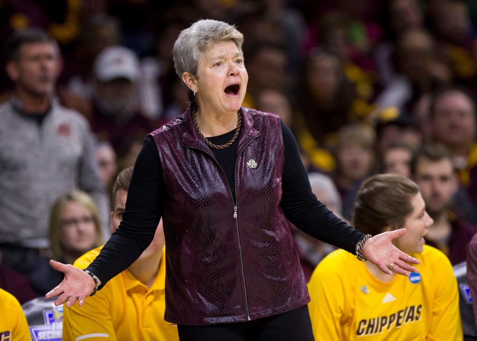 Central Michigan head coach Sue Guevara questions a call during a first-round game against Michigan State in the NCAA women's college basketball tournament in South Bend, Ind., Saturday, March 23, 2019. Michigan State won 88-87.