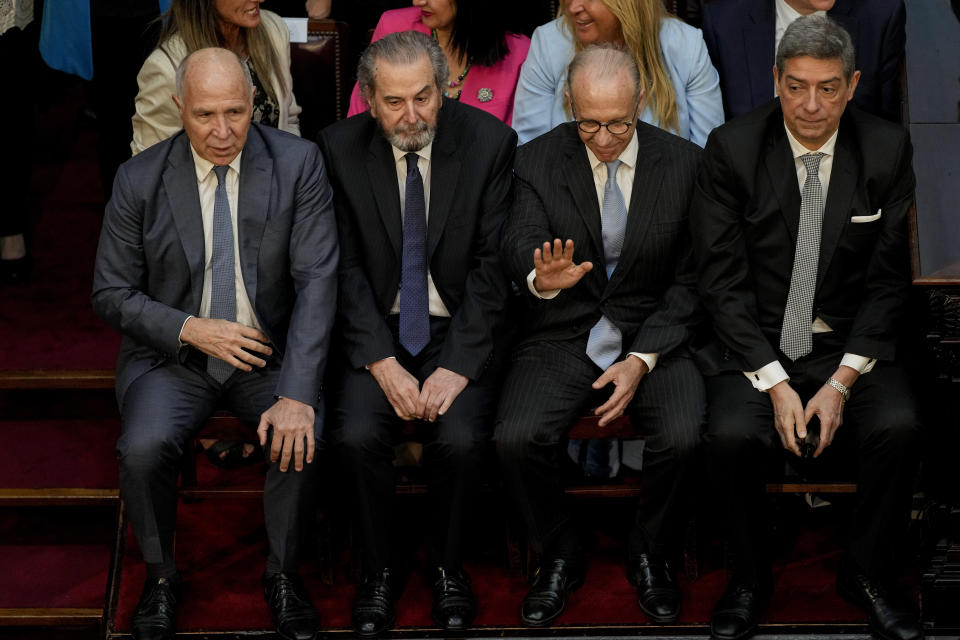 Argentine Supreme Court justices pose for a photo during the opening of a legislative session in Buenos Aires, Argentina, Friday, March 1, 2024. From left are Justices Ricardo Lorenzetti, Juan Carlos Maqueda, Carlos Rosenkrantz and Horacio Rosatti. (AP Photo/Natacha Pisarenko)