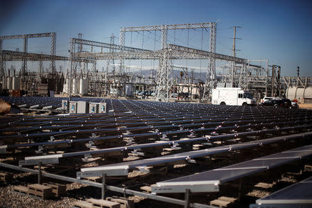 Solar panels are seen next to a Southern California Edison electricity station in Carson, California March 4, 2015. REUTERS/Lucy Nicholson/File Photo