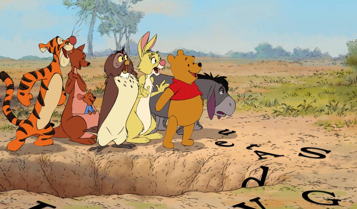 Tigger, from left, Kanga, Roo, Owl, Rabbit, Winnie the Pooh and Eeyore appear in a scene from the animated motion picture "Winnie the Pooh."