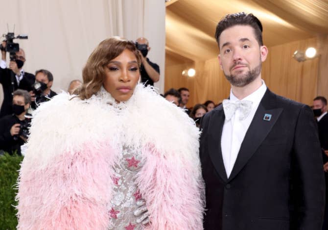 A close up of Serena Williams and Alexis Ohanian as they pose on the Met Gala red carpet