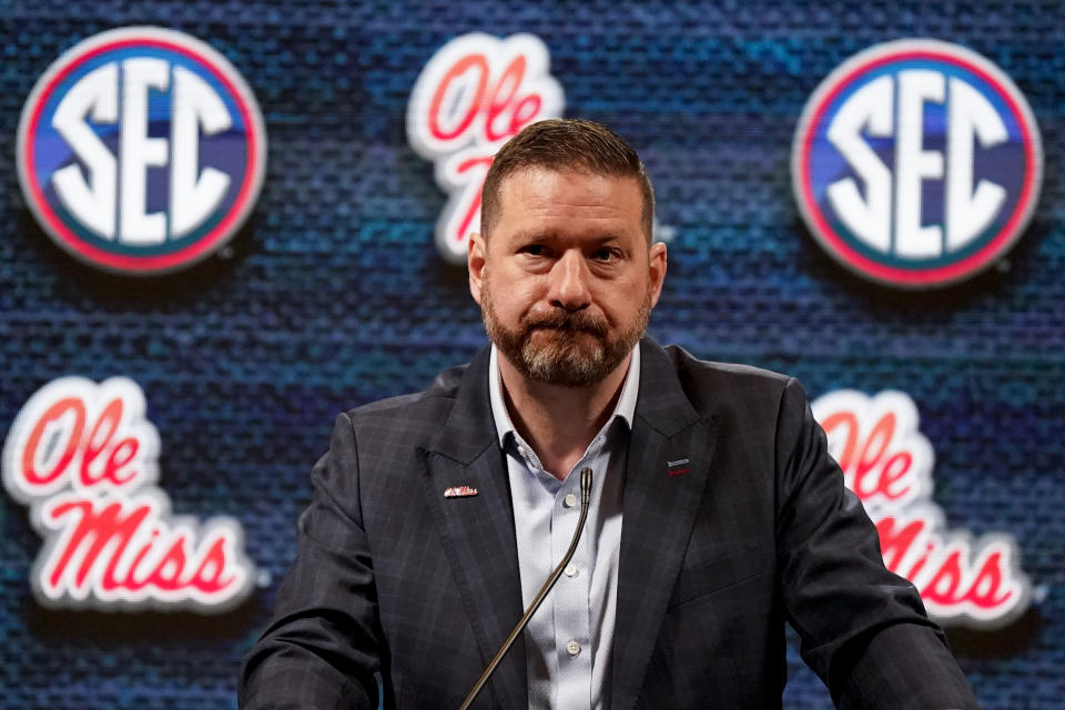 Mississippi NCAA college basketball head coach Chris Beard speaks during Southeastern Conference Media Days, Wednesday, Oct. 18, 2023, in Birmingham, Ala. (AP Photo/Mike Stewart)
