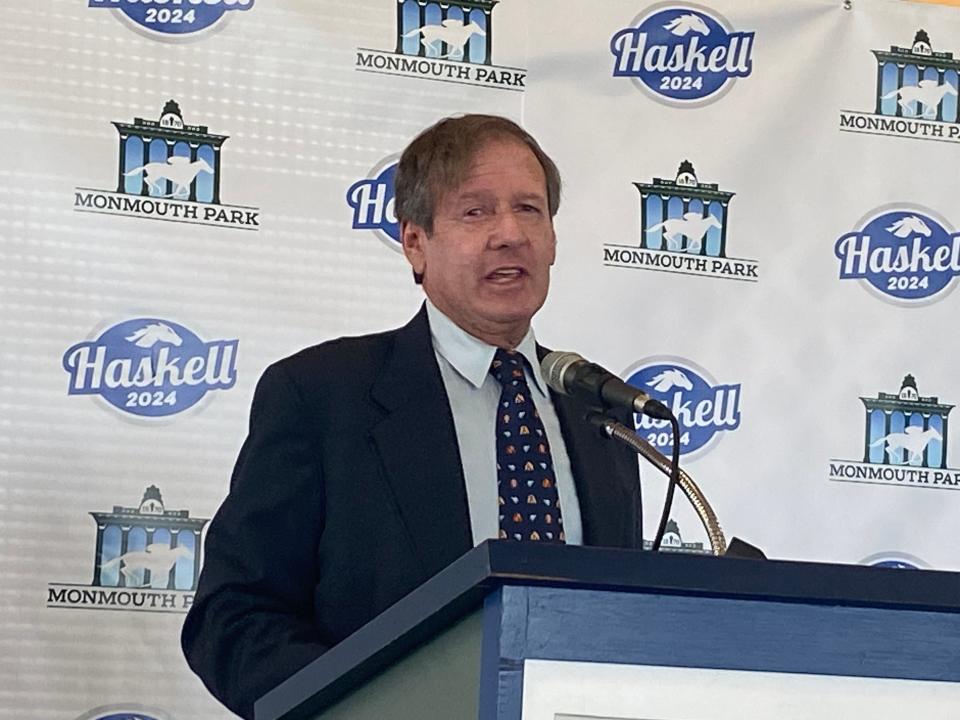 Dennis Drazin, chairman and CEO of Darby Development, addresses the crowd at a Monmouth Park press conference on May 7, 2024 in Oceanport, N.J.
(Credit: Steve Edelson)