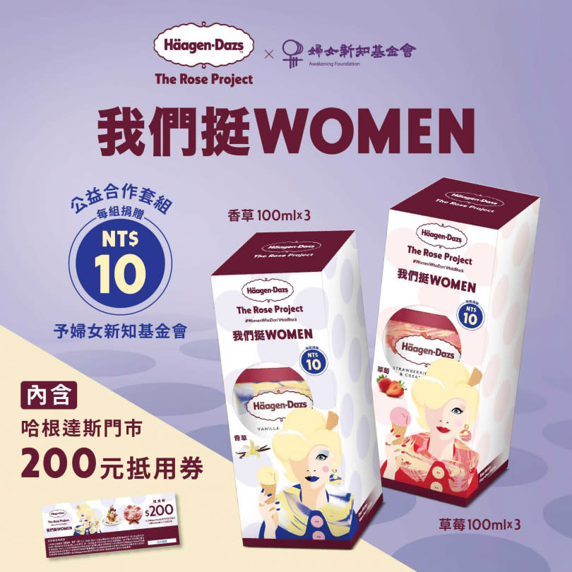 「Häagen-Dazs x 婦女新知基金會 公益合作套組」每盒3入迷你杯，售價239元（原價打38折），隨盒內贈一張200元抵用券。