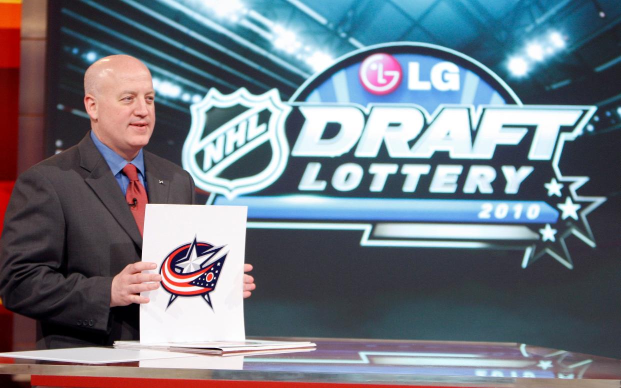 TORONTO - APRIL 13: Deputy Commissioner of the NHL Bill Daly announces the fourth pick to go to the Columbus Blue Jackets during the NHL Draft Lottery Drawing at the TSN Studio April 13, 2010 in Toronto, Ontario, Canada. (Photo by Abelimages / Getty Images for NHL)