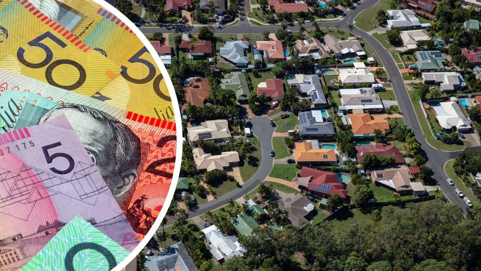 Pictured: Aerial view of Australian homes, Australian cash. Images: Getty