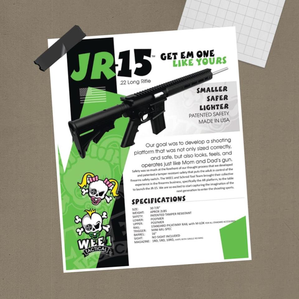 Marketing materials for WEE 1 Tactical's "JR-15," with a logo showing skulls and crossbones with pacifiers.