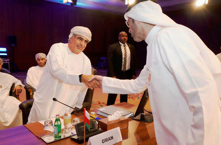 Oman Oil Minister Mohammed bin Hamad Al Rumhy shakes hand with a representive of Kuwait Oil Company during OPEC 2nd Joint Ministerial Monitoring Committee meeting in Kuwait City, Kuwait, March 26, 2017. REUTERS/Stephanie McGehee