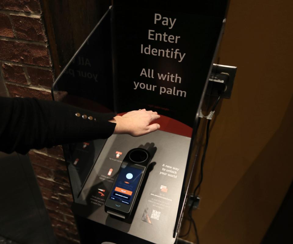 Customers can register their palm to enter and shop in the grab-and-go Market Express in the Hollywood Casino in Detroit. The cashless store, which uses Amazon's Just Walk Out technology,allows patrons to make buy with a credit card or by using their registered palm print.