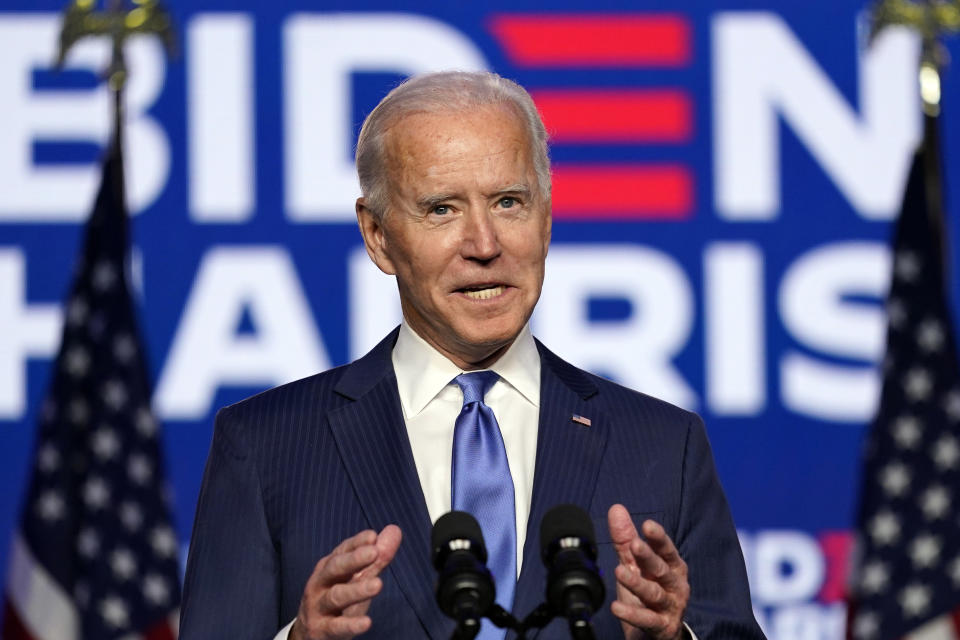 Democratic presidential candidate former Vice President Joe Biden speaks Friday, Nov. 6, 2020, in Wilmington, Del. (AP Photo/Carolyn Kaster)