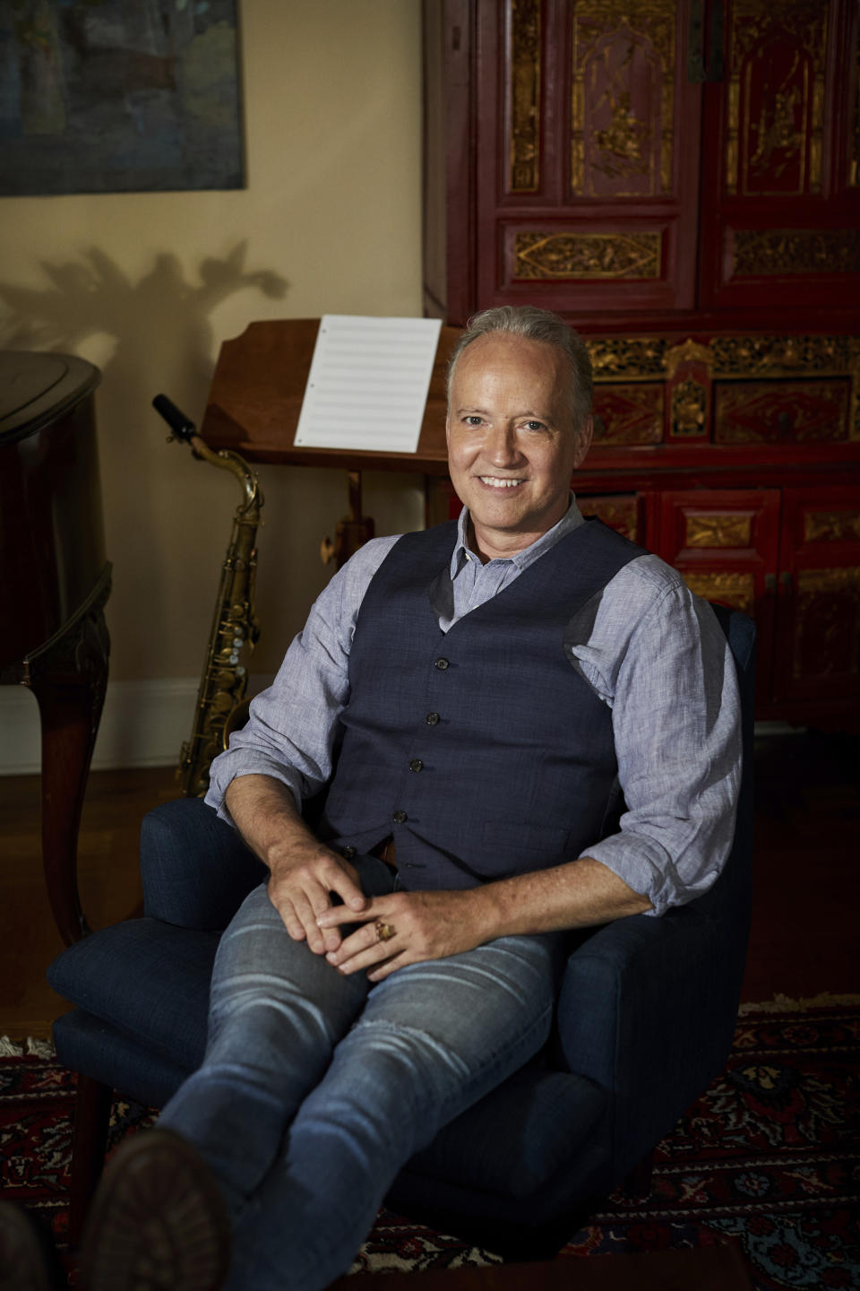 Grammy-winning jazz saxophonist-composer Ted Nash poses for a portrait in New York on May 4, 2021. Nash is releasing an album with actress Glenn Close on Friday. “Transformation: Personal Stories of Change, Acceptance, and Evolution,” is an 11-track spoken word jazz album that tackles heavy topics like race, politics and identity. (Photo by Matt Licari/Invision/AP)