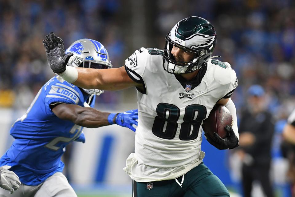 Philadelphia Eagles tight end Dallas Goedert (88) runs after a catch against the Detroit Lions in the first half of an NFL football game in Detroit, Sunday, Sept. 11, 2022. (AP Photo/Lon Horwedel)