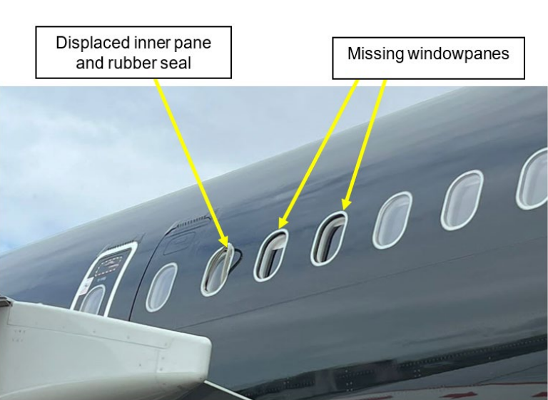 “Displaced and missing windowpanes on the left side of the aircraft.” (AAIB)